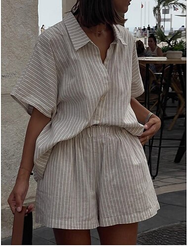  Damen Mode Streetwear Täglich Shorts-Sets Kurzarm Hemdkragen Gestreift Druck Lässig Täglich Khaki Sommer Normale Passform
