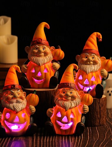  ハロウィーンのカボチャのノーム樹脂製置物、老人のノームを抱えた光るカボチャ、庭の斬新な装飾、光る樹脂工芸像