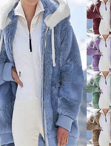  Dames Winterjas Fleecejack Houd Warm Comfortabel Vetoketju Bontkraag Modieus Buiten Effen Kleur Casual / Dagelijks Weekend Rits Normaal Capuchon Normale pasvorm Lange mouw bovenkleding Wijn blauw
