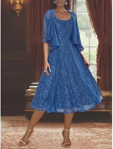  Tweedelig A-lijn Moeder van de bruid jurk Elegant Eenvoudig Casual Boothals Tot de enkel Chiffon Lange mouw met Kant Geplooid 2025