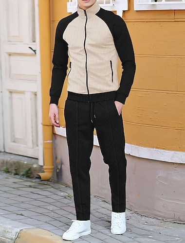  Herren Trainingsanzug Jogginghose Athleisure Herbst Langarm Hoher Ausschnitt Winddicht Fitnessstudio Laufen Athlässigkeit Sportbekleidung Sportkleidung Farbblock Weiß Braun Khaki