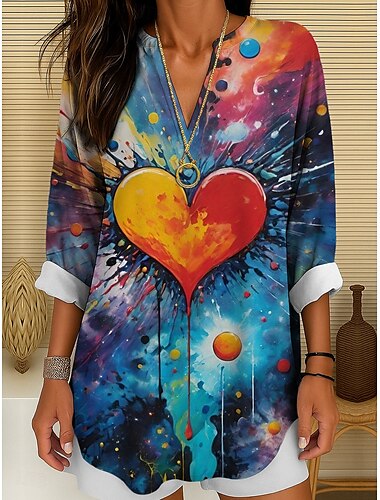  Damen Bluse Herz Grafik Geometrisch Elegant Vintage Tropisch Langarm V Ausschnitt Normale Oberteile Täglich Ferien Druck Gelb Rosa Blau Sommer Frühling