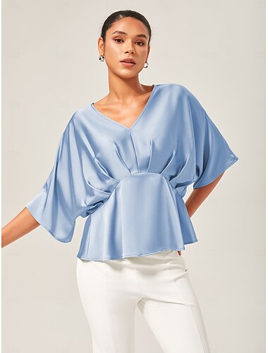  Per donna Femminile Camicia casual Casuale Corte Blu marino Azzurro cielo Verde Manica Corta Elegante Vacanza Scollo a V Estate Primavera