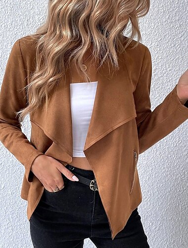  Damen Freizeitjacke Bequem Reißverschluss Mode Outdoor Einfach Ausgehen Wochenende Offene Vorderseite Regulär Umlegekragen Normale Passform Langarm Oberbekleidung Schwarz Braun Armeegrün Herbst Winter