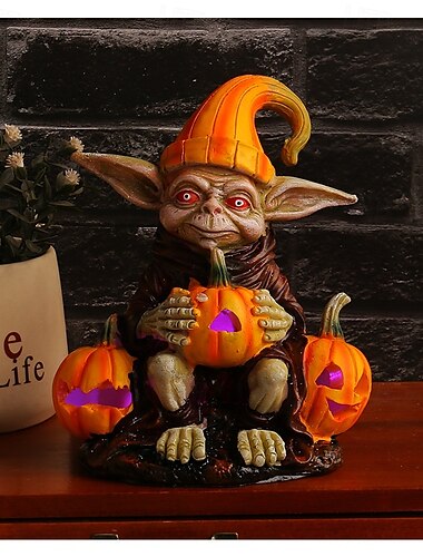  Statuetta in resina raffigurante un folletto di Halloween che tiene in mano una zucca con luci, ornamento artigianale in resina raffigurante un elfo luminoso, decorazione da tavolo per la casa