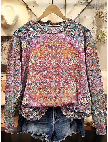  Damen Pullover Sweatshirt Blumen Grafik Geometrisch Warm Mode Western Langarm Rundhalsausschnitt Normale Oberteile Straße Alltagskleidung Lässig Druck Schwarz Blau Fuchsie Orange Grün Frühling Herbst