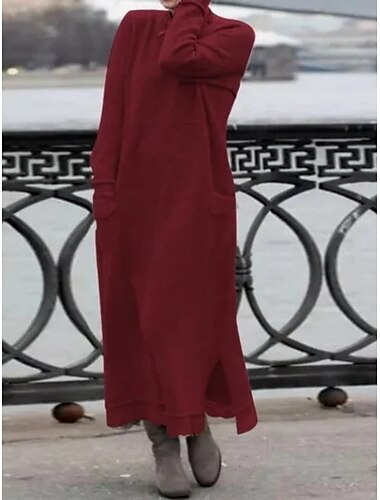  Damen Maxikleid Pulloverkleid Lässig Lässig Normale Passform Einfach Langarm Rollkragen Wein Blau Orange Grau Herbst Winter
