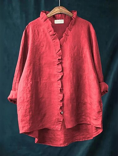  Dames katoenen linnen blouse effen kleur elegant casual lange mouw v-hals normale tops dagelijks vakantie knopen wit geel rood blauw beige zomer herfst