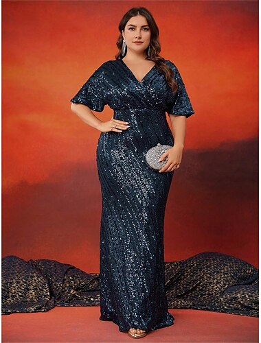  Havfrue  Trumpet Plus Size Klänningar Elegant Curve Klänning Formell Bröllop Golvlängd Kortärm V-Uttag Polyester med Paljetter 2025