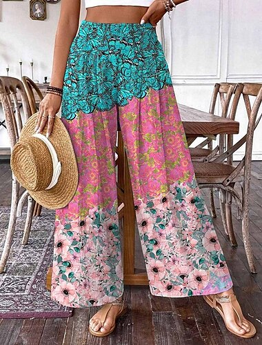  Damen Hosen Hose Palazzo-Hose Mode Boho Volle Länge Hohe Taille Blumen Druck Elastischer Bund Bequem Mikroelastisch Straße Alltagskleidung Ausgehen Weiß Rosa Sommer Frühling Normale Passform