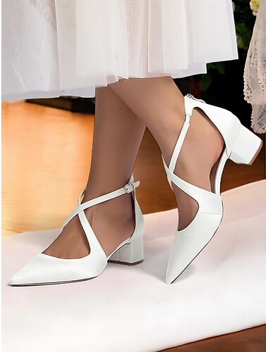  Elfenbeinfarbene Satin-Blockabsätze mit spitzer Spitze für Damen – elegante Abendschuhe mit überkreuzten Riemchen für formelle Bankette und Cocktailpartys