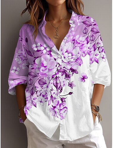  Damen Hemd Blumen Grafik Täglich Stilvoll Lässig Langarm Hemdkragen Normale Oberteile Täglich Ferien Knöpfe Druck Gelb Blau Purpur Grün Sommer Frühling