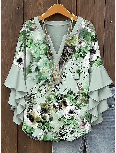  Mujer Blusa Floral Graphic Bohemia Vintage Diario Manga 3/4 Escote en Pico Tops regulares Diario Festivos Ropa de vacaciones Estampado Rosa Azul Piscina Morado Verde Trébol Beige Verano Primavera
