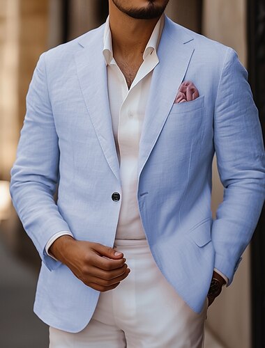  Hombre Chaqueta de lino Chaqueta deportiva Moda Casual Color sólido Blazer de lino Rosa Azul claro Estándar Recto 1 botón