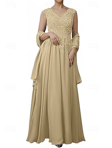  A-Linie Kleider für Hochzeitsgäste Elegant Kleid Hochzeitsgast Verlobung Bodenlang Ärmellos V Ausschnitt Chiffon mit Applikationen Schal 2025