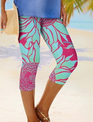  Damen Caprihose Leggings Streetwear Lässig Wadenlang Hohe Taille Blatt Elastischer Bund Atmungsaktivität Dehnbar Urlaub Straße Alltagskleidung Weiß Rosa Minzgrün Sommer Normale Passform