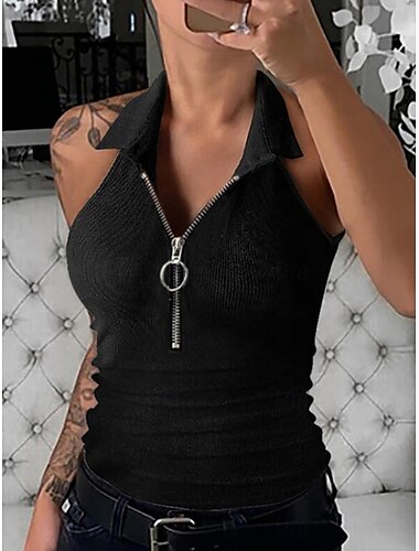  Femmes Débardeur caraco Couleur Unie Moderne Occasionnel Sans manches Col de chemise Hauts Réguliers Quotidien Fermeture éclair Noir Vin Bleu Marron Vert Été