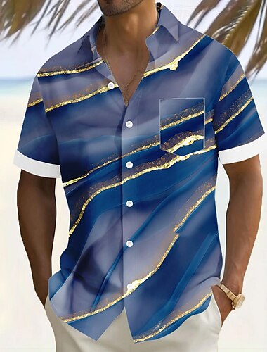  Herren Geometrisch Marmor Abstrakte Kunst Hemd Sommerhemd Knopfhemd Kurzarm Modisch lässig Urlaub Ferien Streetwear Sommer Umlegekragen 3D-Druck Eine Tasche vorne Leinenähnliches Hemd Blau