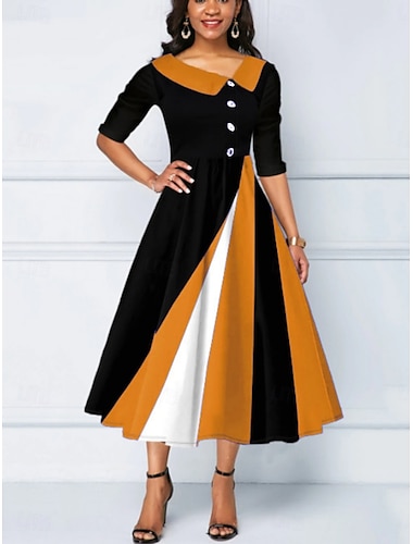  Damen Midikleid A Linie Kleid Figurbetontes Kleid Halbformelle Kleider Büro Normale Passform Geometrisch Dreiviertelarm V Ausschnitt Gelb Wein Blau Purpur Sommer Herbst