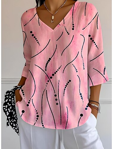  Damen Bluse Grafik Geometrisch Gestreift Elegant Tropisch Täglich Dreiviertelarm V Ausschnitt Normale Oberteile Täglich Weiß Gelb Rosa Blau Sommer Frühling