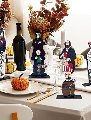  4er-Pack Halloween-Tischdekorationen aus Holz, Spukhaus-Stretch-Portraitschilder, Vintage-Halloween-Tischdekor aus Holz für Zuhause und Partys