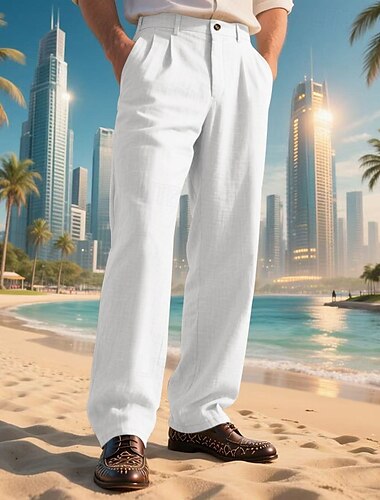  Homens Calças de linho Calças Calça verão Calças de praia Bolsos Perna reta Tecido Conforto Respirável Férias Diário Feriado Havaiana Boho Preto Branco