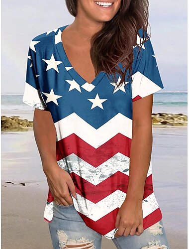  Women's Patriotic  T Shirt Graphic Flag Vintage Stylish Casual Short Sleeve V Neck Regular Tops Daily Print Black Red Blue Summer Spring