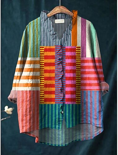  Per donna Camicia Geometrico A righe Elegante Casual Manica Lunga Scollo a V Top Regolari Quotidiano Bottoni Stampato Rosso Blu Viola Estate Primavera