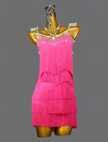  Lateinamerikanischer Tanz Kleid Kristall / Strass Quaste Spleißen Damen Leistung Party Ärmellos Spandex