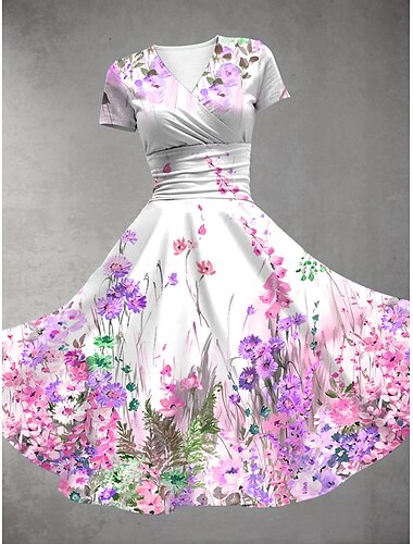  Damen Midikleid Sommerkleid Figurbetontes Kleid Party Lässig Täglich Ferien Normale Passform Blumen Grafik Kurzarm V Ausschnitt Gelb Rote Blau Purpur Sommer
