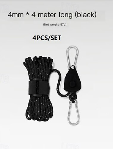  4-teiliges Set, tragbares, verstellbares Fix-Zelt, hochfestes, schnell lösbares Flaschenzug-Campingseil, winddichte Zelt-Abspannleinen mit Ratschenspanner für Plane, Baldachin, Hängematte, Unterstand im Freien