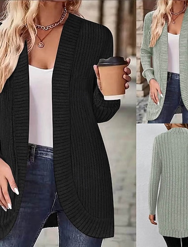  Mujer Chaqueta casual Transpirable Cómodo Retazos Moda Casual Plano Vacaciones Calle Casual Ropa Cotidiana Frente Abierto Regular Sin Cuello Ajuste regular Manga Larga Ropa de calle Negro Verde Trébol