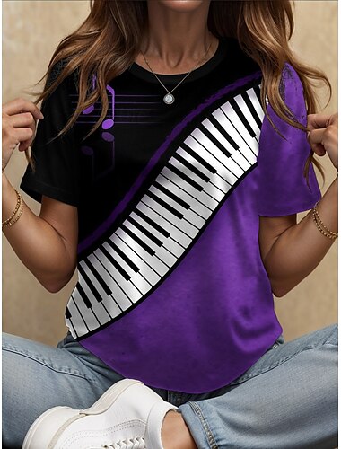  Festival de Música Mujer Camiseta Graphic Geométrico Vintage Elegante Clásico Manga Corta Cuello Barco Escote Redondo Tops regulares Diario Fin de semana Estampado Negro+Blanco+Gris Rojo Azul Piscina