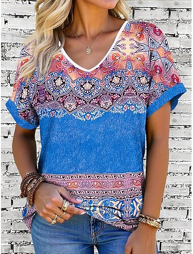  Damen T Shirt Grafik Geometrisch Vintage Stilvoll Modern Kurzarm V Ausschnitt Normale Oberteile Täglich Druck Gelb Blau Grün Sommer Frühling