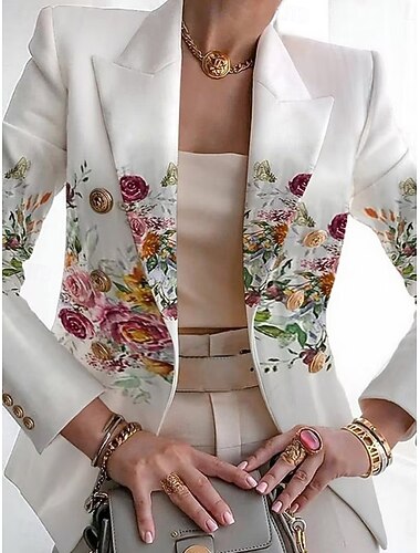  Dames Blazer Comfortabel Ademend Afdrukken Elegant Casual Blad Formeel Werk Kantoor / Formeel Dubbele rij knopen Normaal Strijkijzer Normale pasvorm Lange mouw bovenkleding Wit blauw Groen Zomer