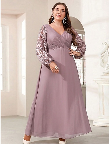  A-Linie Abendkleid Elegant Kleid Formell Hochzeit Bodenlang Langarm V Ausschnitt Chiffon mit Blumenmuster 2025