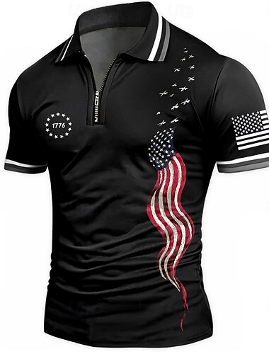  Amerikanischer Unabhängigkeitstag Herren Amerikanische US-Flagge Poloshirts mit Reißverschluss Kurzarm Polo-Shirts Hemden mit Kragen Lässig Athleisure Alltagskleidung 3D-Druck Sommer Schwarz Rote