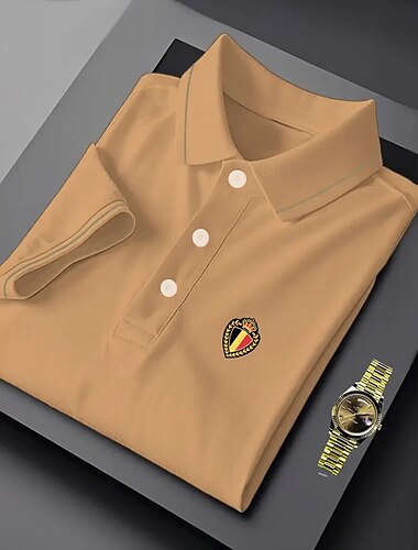  رجالي قميص الجولف فضفاض Lapel كم قصير المكتب ألمانيا العلم الوطني Buttons الصيف زهري أزرق البحرية بني قميص الجولف