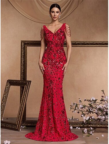  Meerjungfrauenschnitt Quinceanera-Kleider Elegant Kleid Formell Hochzeit Bodenlang Ärmellos Herzförmiger Ausschnitt Polyester V-Ausschnitt mit Paillette 2025