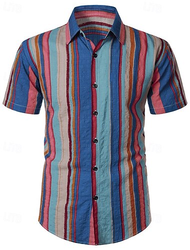  Herren Hemd Sommerhemd Freizeithemd Strandhemd Knopfhemd Marineblau Blau Kurzarm Streifen Revers Urlaub Hawaiianisch Bekleidung Mode Lässig Bequem