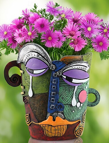  Pot de fleurs en résine représentant un visage de beauté abstrait brutaliste, un visage en pleurs coloré, une sculpture émotionnelle artistique pour la décoration de la maison, du jardin, du bureau ou