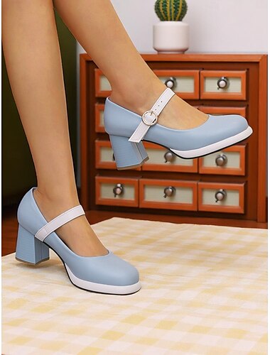  Damen-Mary-Jane-Pumps im Stil der 50er-Jahre – Retro-Schuhe mit runder Zehenpartie und klobigem Absatz in Blau und Weiß mit Riemen für Vintage-Outfits, Teepartys oder den Alltag