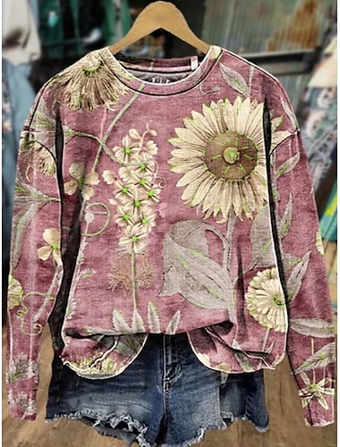  Mujer Sudadera Floral Graphic Casual Manga Larga Cuello Barco Tops regulares Calle Uso Diario Casual Estampado Rosa Azul Piscina Naranja Primavera Otoño Invierno