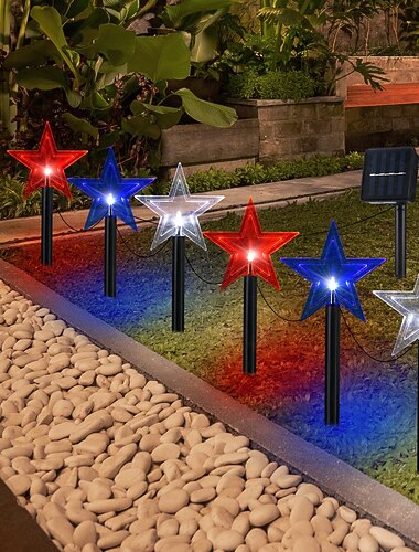  1 Stück patriotische Outdoor Solar Wegbeleuchtung Wasserdicht Rot Weiß Blau fünfspitziger Stern für den 4. Juli Unabhängigkeitstag 250. Jahrestag Gedenktag bodenmontierte Garten Rasen Party