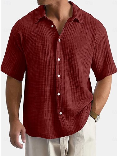  Hombre Camisa Camisa de lino Camisa de verano Ropa de playa Camisa de sirsaca Color sólido Vacaciones Calle Negro Blanco Vino Azul Marino Manga Corta Cuello Camisero Verano Primavera Ropa Bolsillo