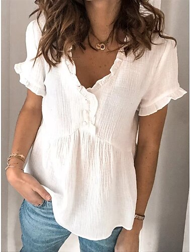  Damen Hemd Sommeroberteile Einfarbig Lässig Strand Kurzarm V Ausschnitt Normale Oberteile Beige Sommer
