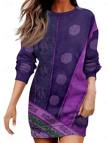  Damen Minikleid Shiftkleid Lässig Urlaub Heim Ferien Normale Passform Grafik Farbblock Langarm Rundhalsausschnitt Rote Blau Purpur Dunkelgray Herbst Winter