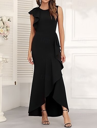  A-line šaty pro svatební hosty elegantní šaty svatební hosté zásnuby asymetrické bez rukávů crew neck pružný crepe s volány a rozparkem
