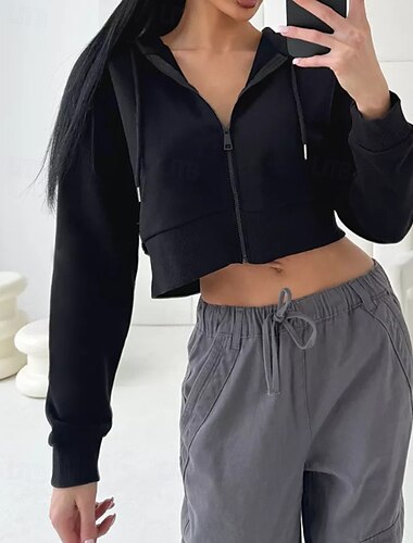  Damen Kapuzensweatshirt Trainingsjacke Reißverschluss Tasche Langarm Jacke Athleisure Herbst Thermowarm Winddicht Tennis Golfspiel Laufen Sportbekleidung Sportkleidung Einfarbig Schwarz Weiß Armeegrün
