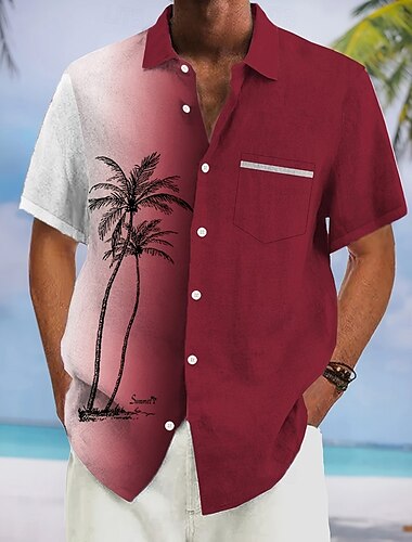  Herren Kokospalme Farbverlauf Hemd Sommer Hawaiihemd Knopfhemd Kurzarm Hawaiianisch Urlaub Ferien Strandbekleidung Sommer Frühling Umlegekragen 3D-Druck Eine Tasche vorne Leinenähnliches Hemd Schwarz